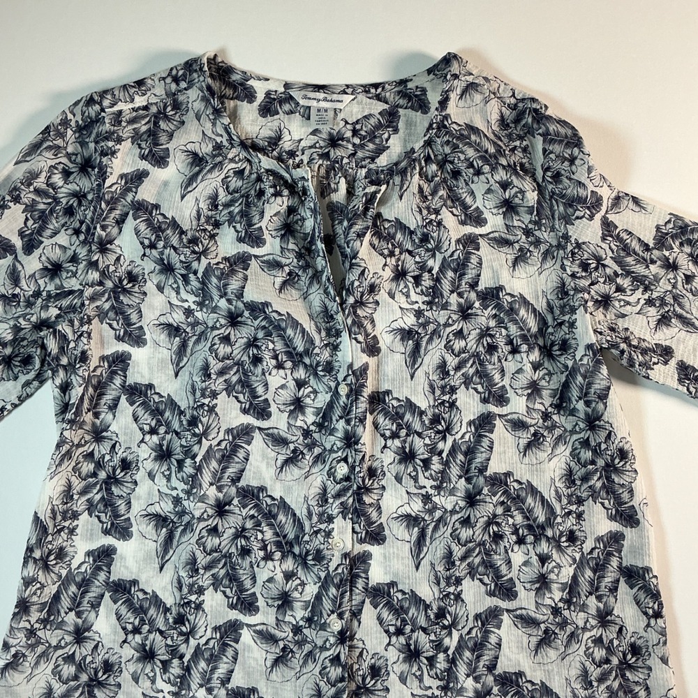 Tommy Bahama Tulia Blooms Cotton Button Front Blouse Navy Blue Tropical Floral M